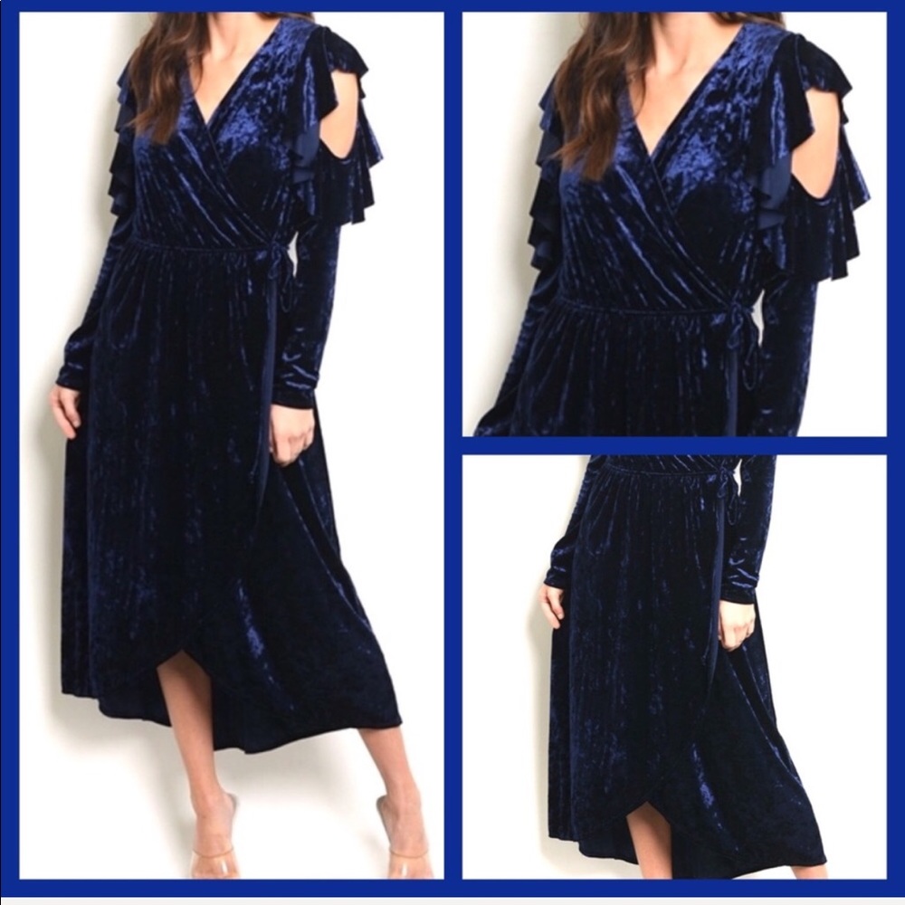 ✨LUXURIOUS✨BLUE VELVET DRESS-NEW- S-M✨SLIP WRAP✨LONG SLEEVE